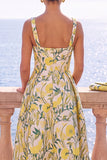 Square Neck Yellow A Line Brocade Midi Wedding Guest Dress