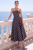 Strapless Blue A Line Brocade Midi Wedding Guest Dress