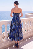 Strapless Blue A Line Brocade Midi Wedding Guest Dress