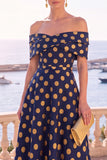 Navy Blue Floral Off The Shoulder A Line Midi Wedding Guest Dress