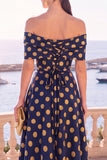 Navy Blue Floral Off The Shoulder A Line Midi Wedding Guest Dress