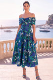 Navy Blue Floral Off The Shoulder A Line Midi Wedding Guest Dress