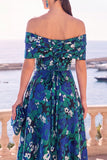 Navy Blue Floral Off The Shoulder A Line Midi Wedding Guest Dress