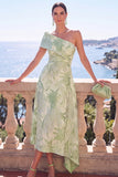 One Shoulder Pink Brocade A Line Midi Wedding Guest Dress