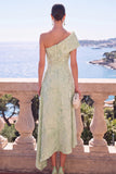 One Shoulder Pink Brocade A Line Midi Wedding Guest Dress