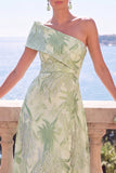 One Shoulder Pink Brocade A Line Midi Wedding Guest Dress