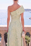 One Shoulder Pink Brocade A Line Midi Wedding Guest Dress