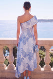 One Shoulder Pink Brocade A Line Midi Wedding Guest Dress