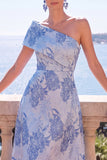 One Shoulder Pink Brocade A Line Midi Wedding Guest Dress