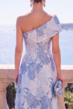 One Shoulder Pink Brocade A Line Midi Wedding Guest Dress