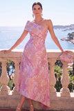 One Shoulder Pink Brocade A Line Midi Wedding Guest Dress