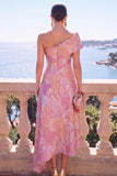 One Shoulder Pink Brocade A Line Midi Wedding Guest Dress