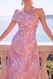 One Shoulder Pink Brocade A Line Midi Wedding Guest Dress