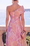 One Shoulder Pink Brocade A Line Midi Wedding Guest Dress