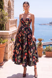 Black Sweetheart Floral A Line Midi Wedding Guest Dress
