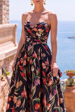 Black Sweetheart Floral A Line Midi Wedding Guest Dress