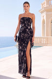 Royal Blue Strapless Sheath Floral Maxi Wedding Guest Dress