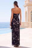 Royal Blue Strapless Sheath Floral Maxi Wedding Guest Dress
