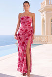 Royal Blue Strapless Sheath Floral Maxi Wedding Guest Dress