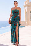 Royal Blue Strapless Sheath Floral Maxi Wedding Guest Dress