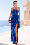 Royal Blue Strapless Sheath Floral Maxi Wedding Guest Dress