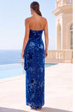 Royal Blue Strapless Sheath Floral Maxi Wedding Guest Dress