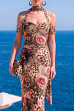 Floral Green Cold Shoulder Sheath Maxi Wedding Guest Dress