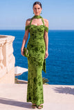 Floral Green Cold Shoulder Sheath Maxi Wedding Guest Dress