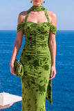 Floral Green Cold Shoulder Sheath Maxi Wedding Guest Dress