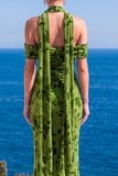 Floral Green Cold Shoulder Sheath Maxi Wedding Guest Dress