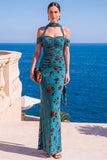 Floral Green Cold Shoulder Sheath Maxi Wedding Guest Dress