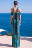 Floral Green Cold Shoulder Sheath Maxi Wedding Guest Dress