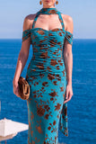 Floral Green Cold Shoulder Sheath Maxi Wedding Guest Dress