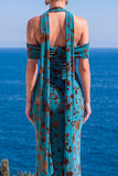 Floral Green Cold Shoulder Sheath Maxi Wedding Guest Dress