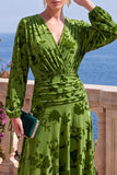V-Neck Khaki A Line Floral Midi Wedding Guest Dress With Long Sleeves