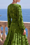 V-Neck Khaki A Line Floral Midi Wedding Guest Dress With Long Sleeves