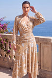 V-Neck Khaki A Line Floral Midi Wedding Guest Dress With Long Sleeves