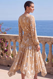V-Neck Khaki A Line Floral Midi Wedding Guest Dress With Long Sleeves