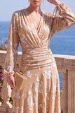 V-Neck Khaki A Line Floral Midi Wedding Guest Dress With Long Sleeves