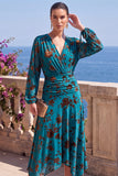 V-Neck Khaki A Line Floral Midi Wedding Guest Dress With Long Sleeves
