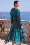 V-Neck Khaki A Line Floral Midi Wedding Guest Dress With Long Sleeves