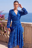 V-Neck Khaki A Line Floral Midi Wedding Guest Dress With Long Sleeves