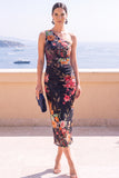 One Shoulder Red Floral Sheath Midi Wedding Guest Dress
