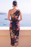 One Shoulder Red Floral Sheath Midi Wedding Guest Dress