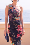 One Shoulder Red Floral Sheath Midi Wedding Guest Dress