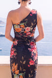 One Shoulder Red Floral Sheath Midi Wedding Guest Dress