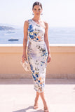 One Shoulder Red Floral Sheath Midi Wedding Guest Dress