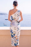 One Shoulder Red Floral Sheath Midi Wedding Guest Dress