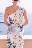 One Shoulder Red Floral Sheath Midi Wedding Guest Dress