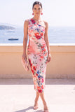 One Shoulder Red Floral Sheath Midi Wedding Guest Dress
